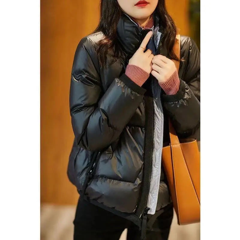 Women's Short Cotton-padded Jacket Shiny Cotton Down Padded Pocket Keep Warm Jacket Korean Style Loose Stand Collar Thick Coat