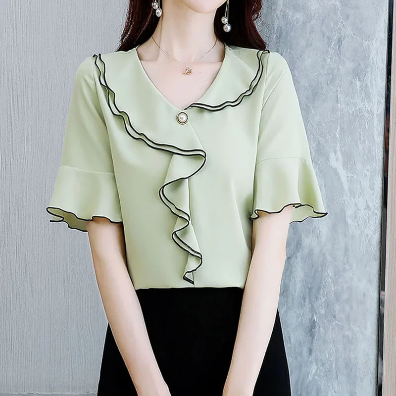 

Chiffon Summer Fashion Ruffles Spliced Blouse Commute Flare Sleeve Women's Clothing Solid Color Elegant V-Neck Loose Pearl Shirt