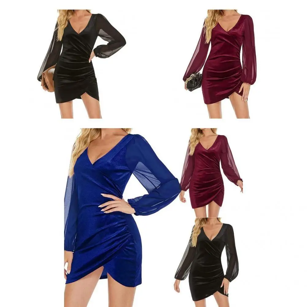 

Great Banquet Dress Solid Color See-through Patchwork All Match Banquet Dress