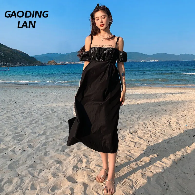

Женское платье с пышными рукавами Gaodinglan, летнее платье с цветочным принтом и лямкой на шее, элегантное черное платье до середины икры в стиле мори