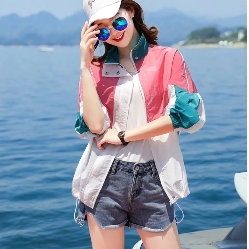 

Women 2022 Summer Fashion Sun Protection Clothes Female Loose Sunscreen Thin Coats Ladies Long Sleeve Patchwork Jackets T106