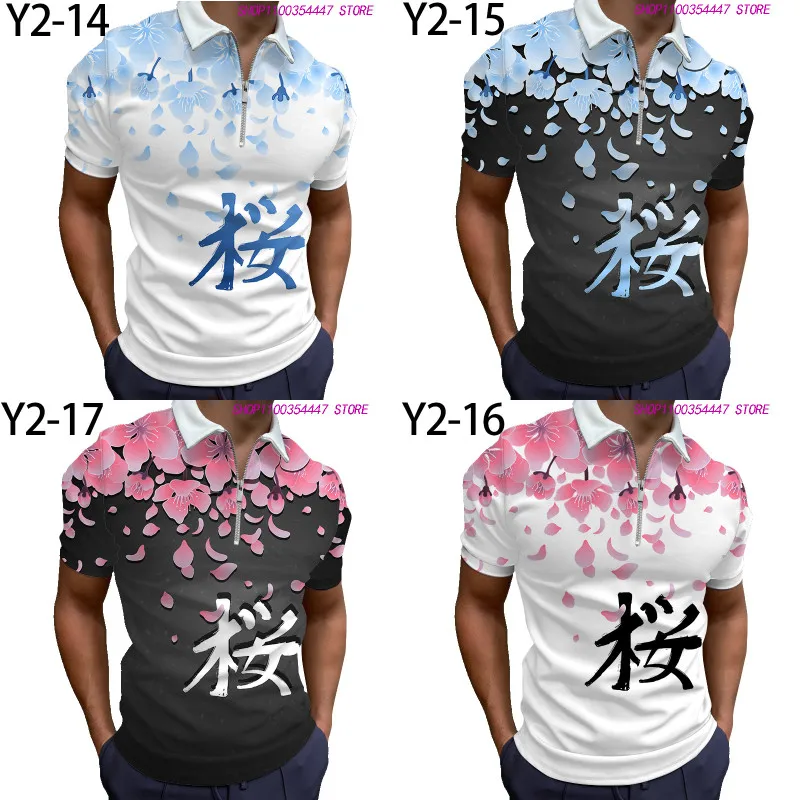 Ropa de verano para hombre, Polo con cremallera, estampado Digital, estilo japonés de flor de cerezo, camisetas de manga corta de poliéster a la moda, novedad