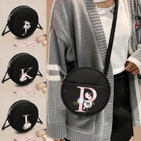 simple design woman round bags pink flower print shoulder crossbody cases handbag lipstick cosmetics storage circular case