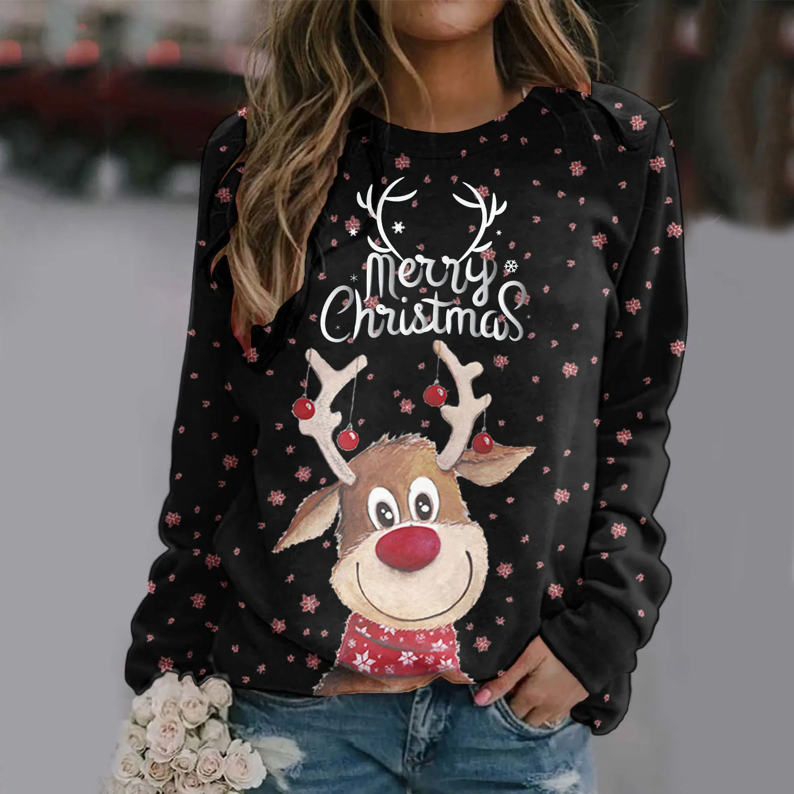 

Womens Daily Merry Christmas Print O Neck Sweatshirt Round Neck Fit Pullover Western Sweatshirts for Women Weather Sweatshirt