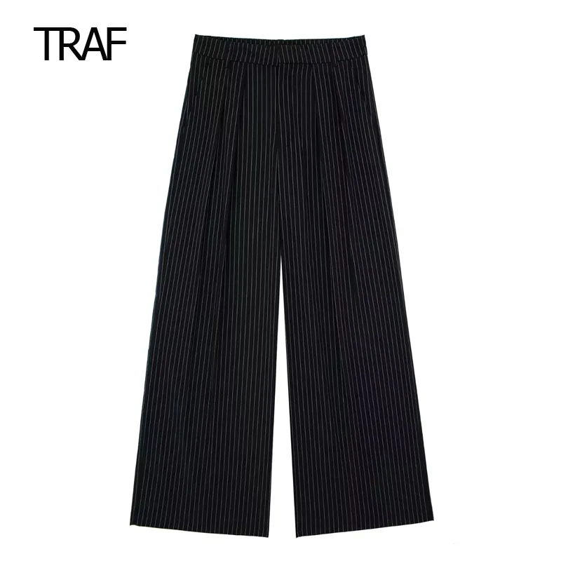 

TRAF Striped Rustic Pant Autumn Pants For Women 2023 Straight Wide Leg Mid Waist Fluid Long Pant Elegant And Chic Party Pant