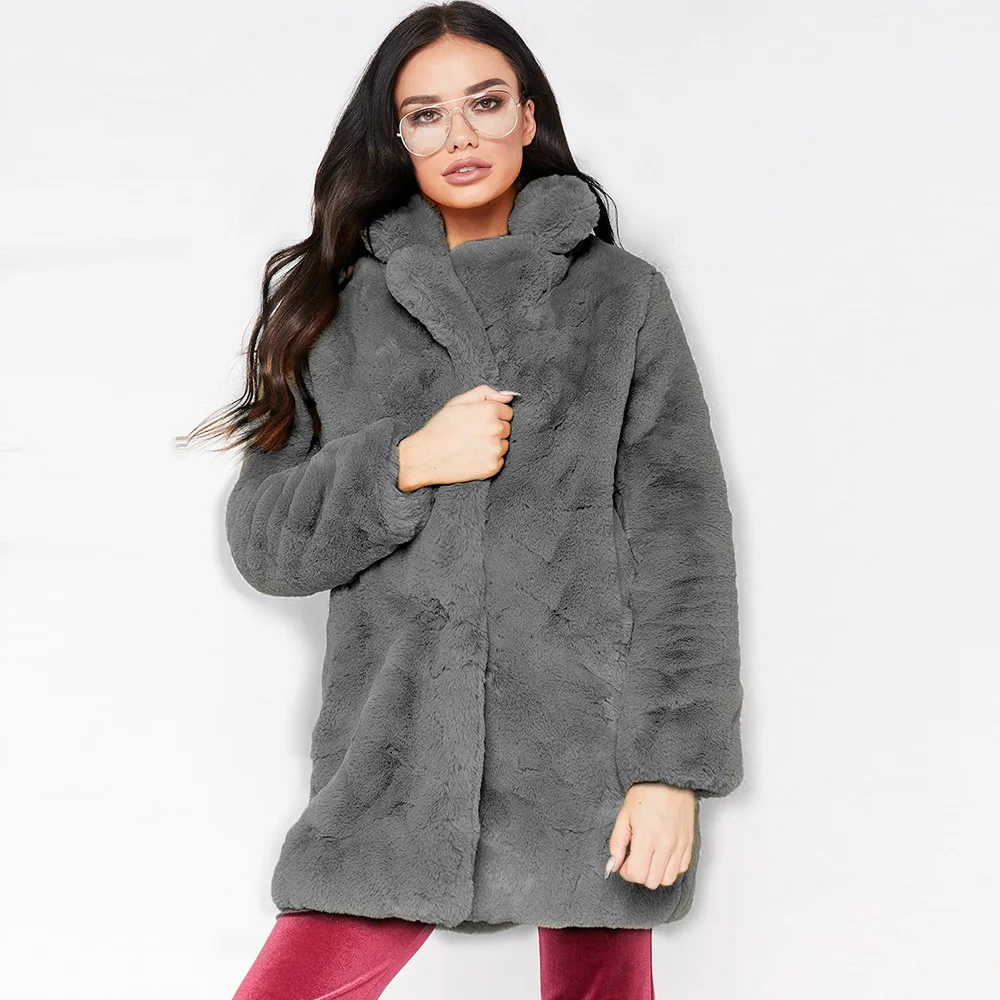 Women's Leather Fur Coat Mid-Length Faux Fur Coat Women's Loose Fluffy Soft Rabbit Fur Faux Fur Coat