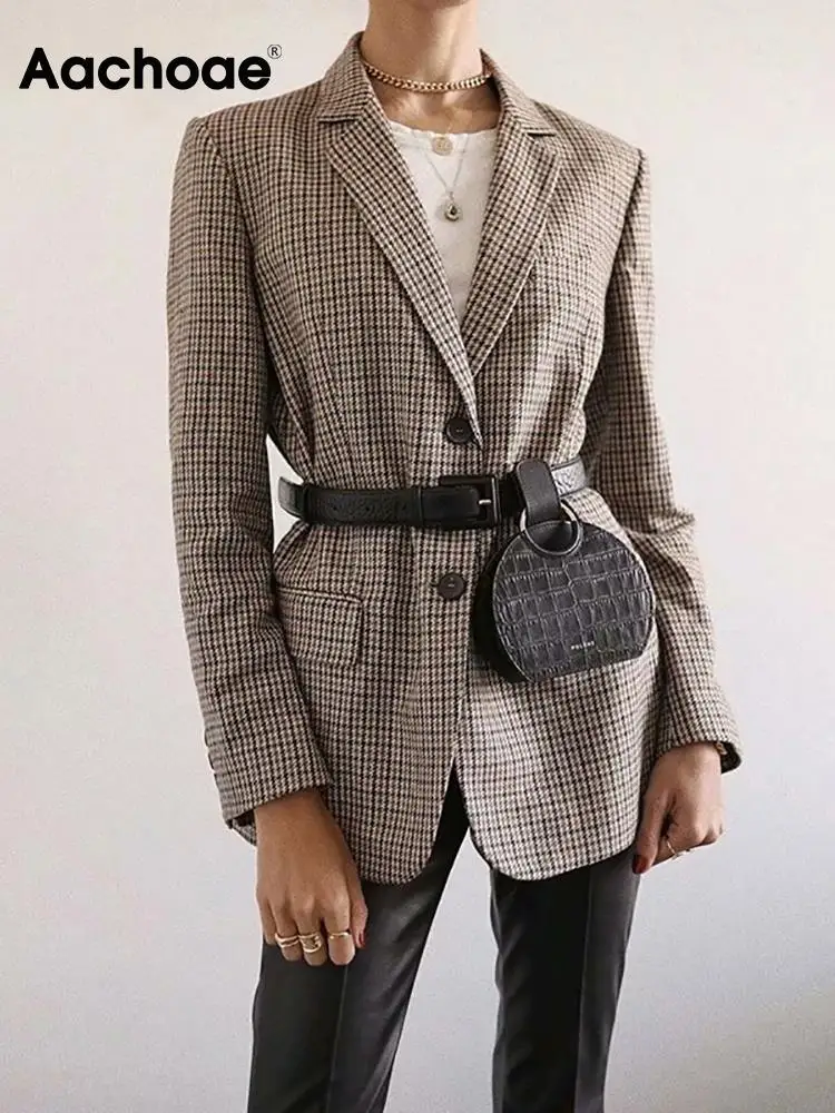 

Aachoae Office Ladies Plaid Blazer Long Sleeve Loose Houndstooth Suit Coat Jacket Women Single Breasted Blazers Female 2021