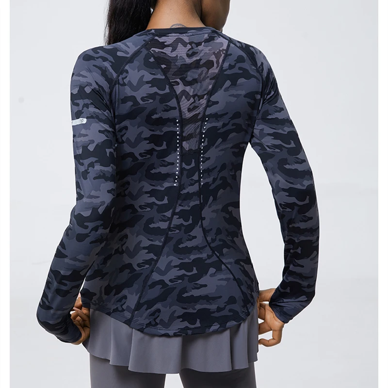 Women Running T Shirts Mesh Camouflage Sport Long Sleeves Golf Tennis Slim Shirt Gym Fitness Training Tees Yoga Jogging Tops