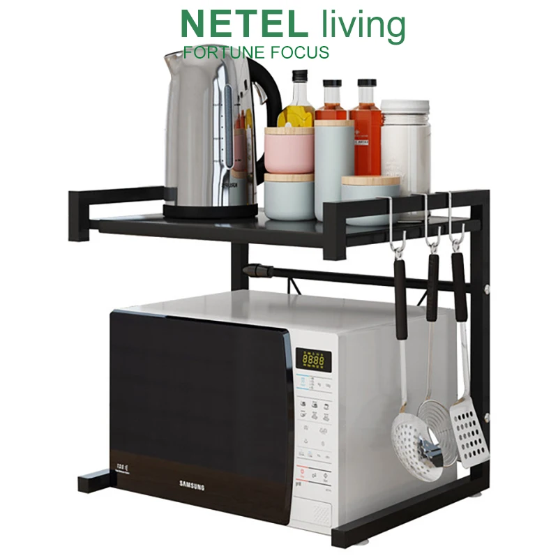 

NETEL Kitchen Organizer Expandable Microwave Rack Stand Shelf Carbon Steel Kitchen Counter Shelf with 3 Hooks Black/White