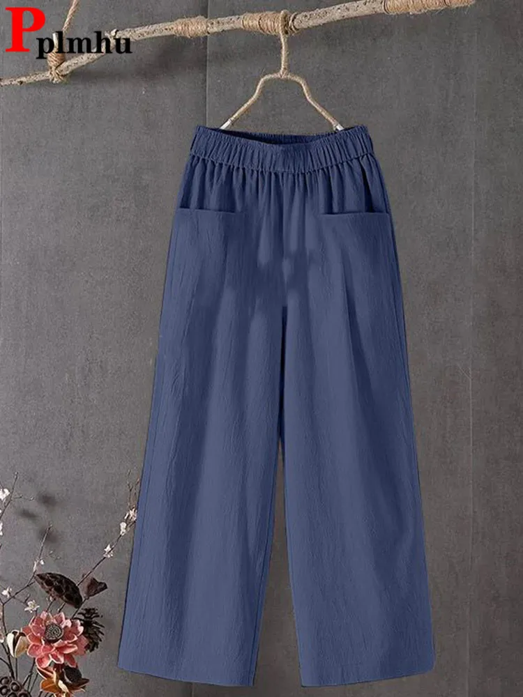 Women Casual Cotton Linen Wide Leg Pants Summer Candy Color High Waist Harem Pantalones Bigsize 4xl Thin Ankle-length Trousers