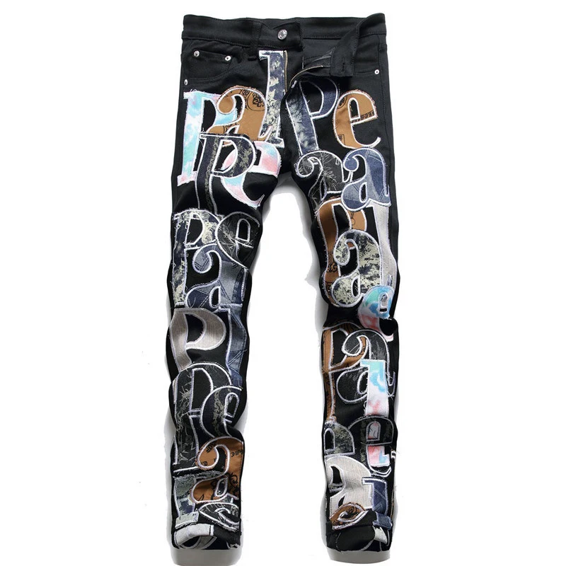 Embroidery Letter Patchwork Mens Jeans Skinny Black Hip Hop Jeans Men 2022 Spring Fashion Hommes Jeans Men Pant Graphic Jeans
