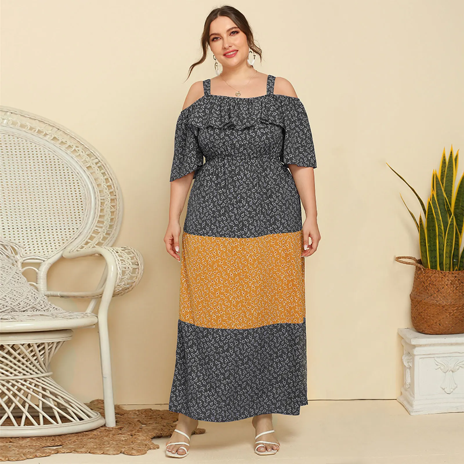 

Women Plus Size Ruffles Half Sleeve Cold Shoulder Maxi Swing Dress Contrast Color Patchwork Floral Print Loose Sundress