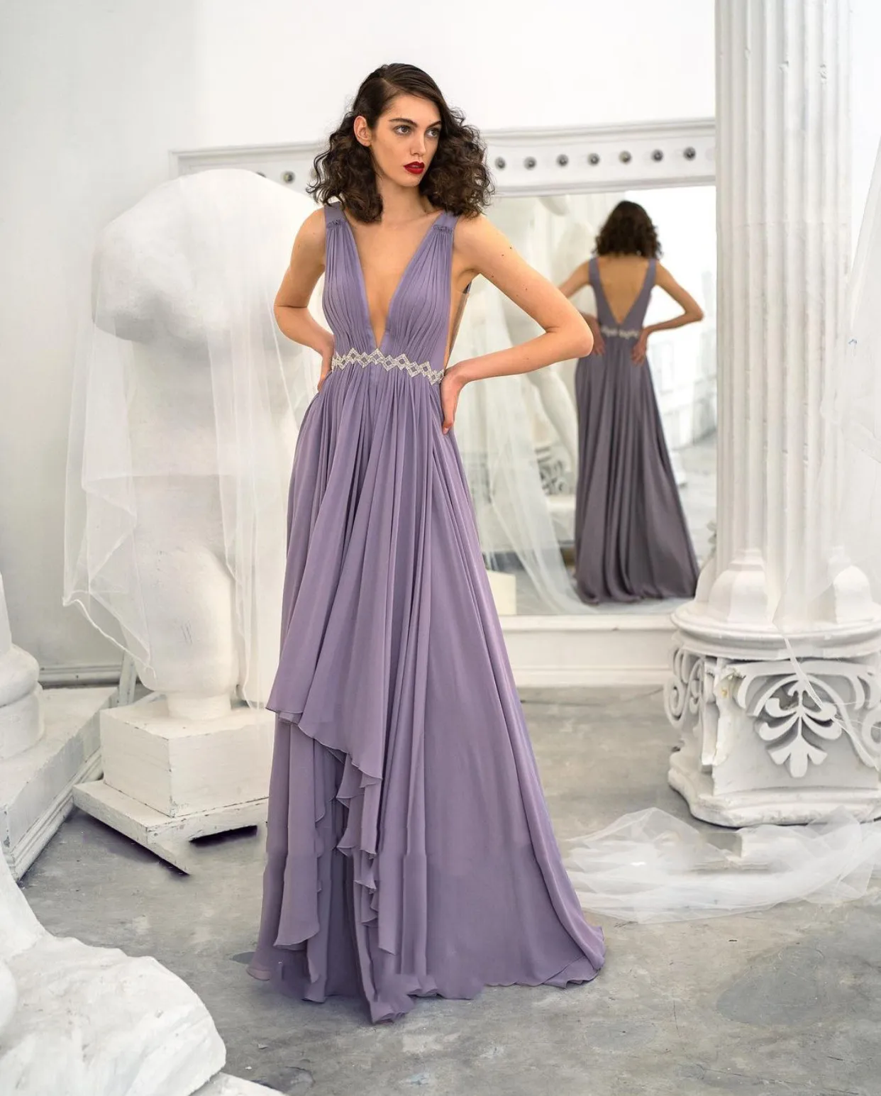 

Plunging Neckline Sexy Prom Dresses Beaded Sash V Backless Vestidos De Fiesta Long Ruched Chiffon A Line Bride Party Evening