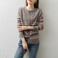 autumn and winter new womens 100 wool cardigan round neck jacquard knitted delicate korean style fashion loose warm jacket