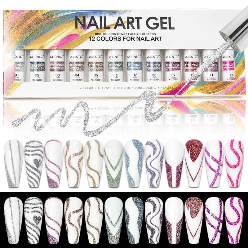 12pcs Reflective Glitter Line Gel Nail Polish Kit UV/LED Paint Nails Drawing Polish DIY Painting Varnishes Nail Art Gel Set