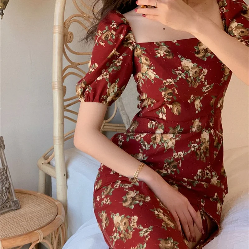 Женское платье с коротким рукавом и цветочным принтом ретро-костюм в Корейском