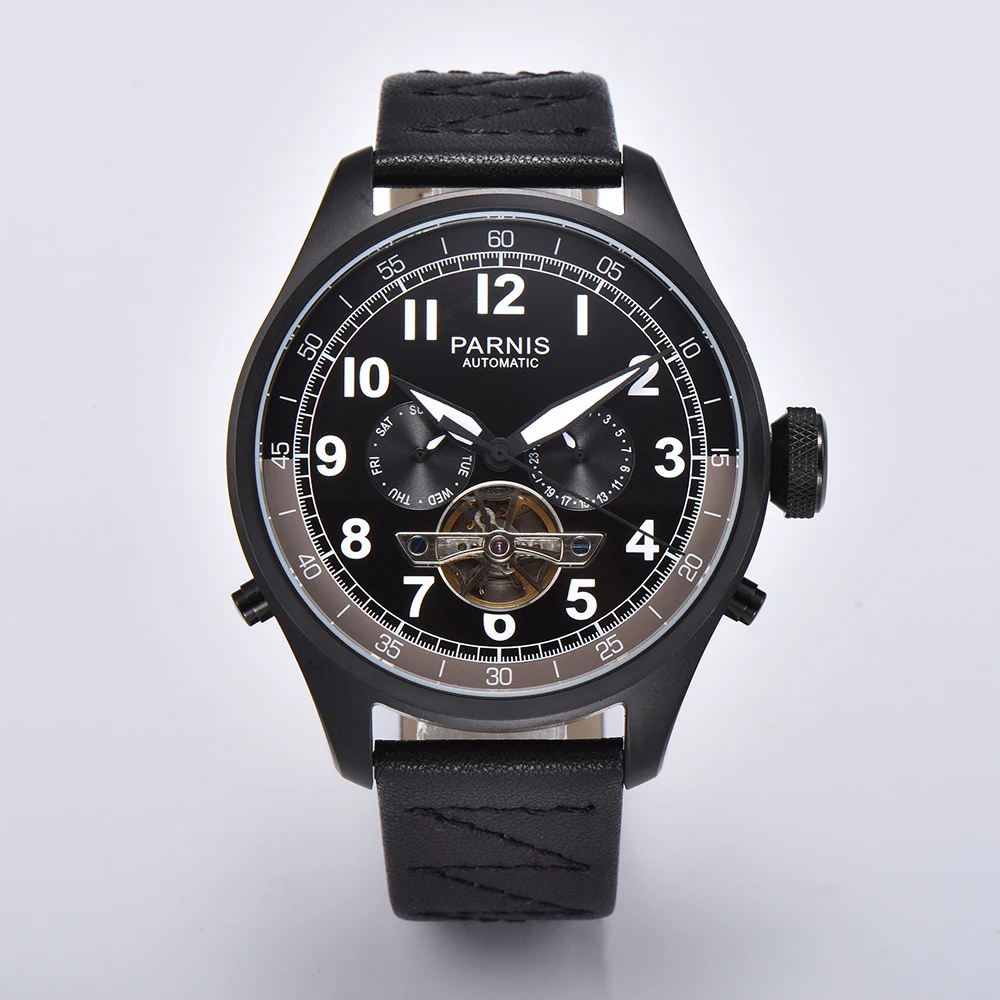 

Parnis 48mm Black Case Men Watch Automatic Mechanical Calendar Leather Strap Week Display Skeleton Tourbillon Watches Clock Gift