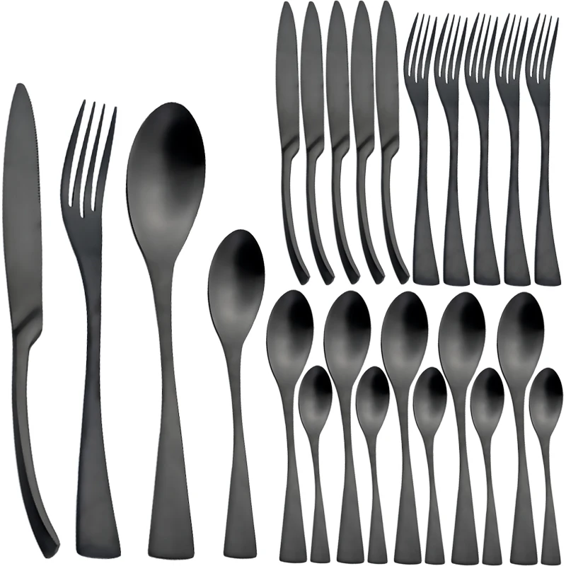 AJOYOUS 24Pcs Cutlery Set Stainless Steel Black Flatware Set Dinner Matte Dinnerware Knife Fork Spoon Silverware Food Tableware