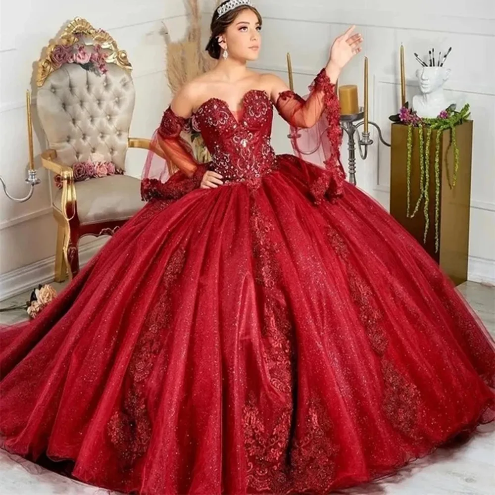 

Glittering Burgundy Quinceanera Dresses Party Gowns Vestidos De 15 Anos Sexy Puffly Sleeves Applique Birthday