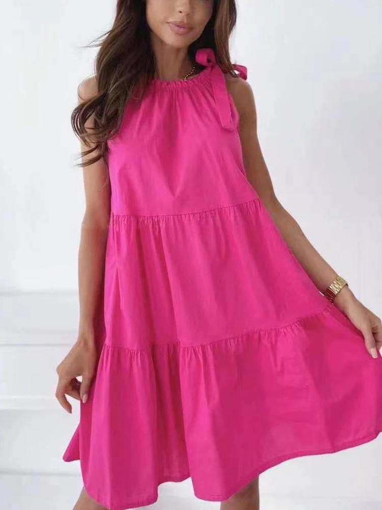 

2022 Sweet Party Mini Dress Elegant Women Loose Solid A-line Dress Chic Bow Lace-up Dresses Summer Sexy Sleeveless O-Neck Dress