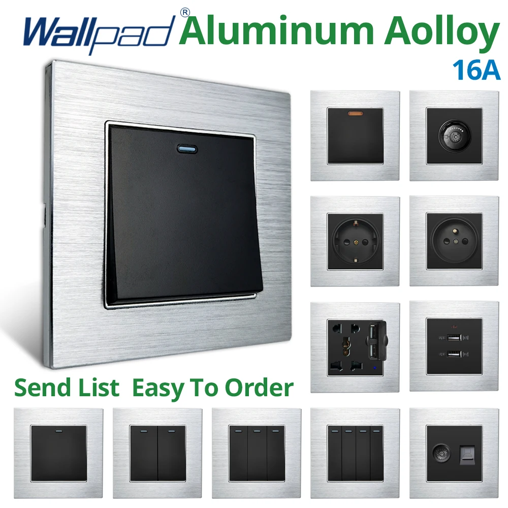 

Wallpad Wall EU Sockets And Switches AC 110V 220V Silver Aluminum Alloy Panel USB Charge Port 1/2/3/4 Gang 1/2 Way