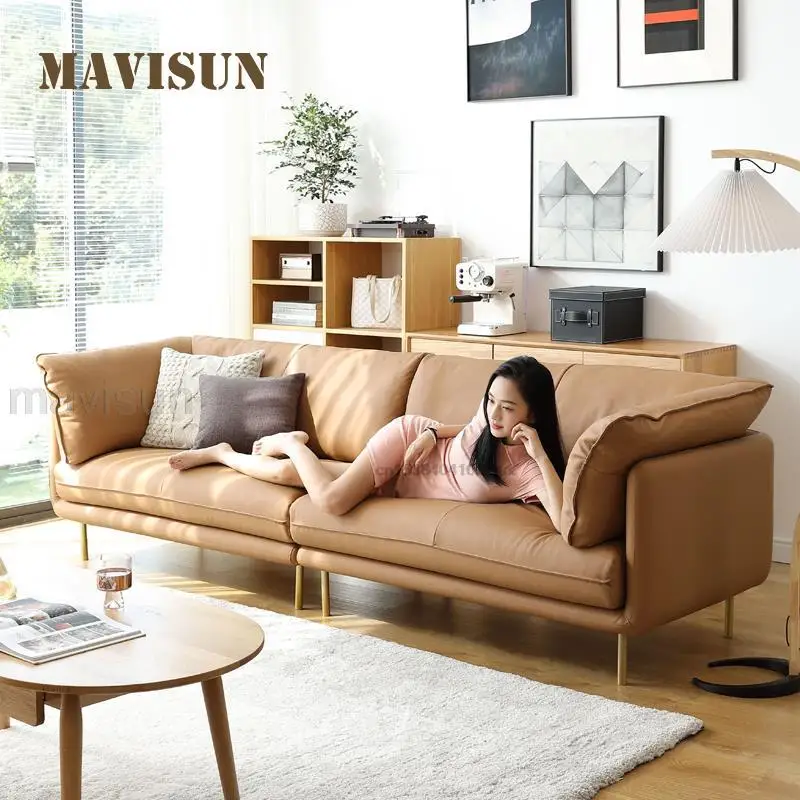 

Khaki Genuine Leather Sofa For Small Apartment Modern Minimalist Living Room Creative 3-seat Couch In High Quality Household