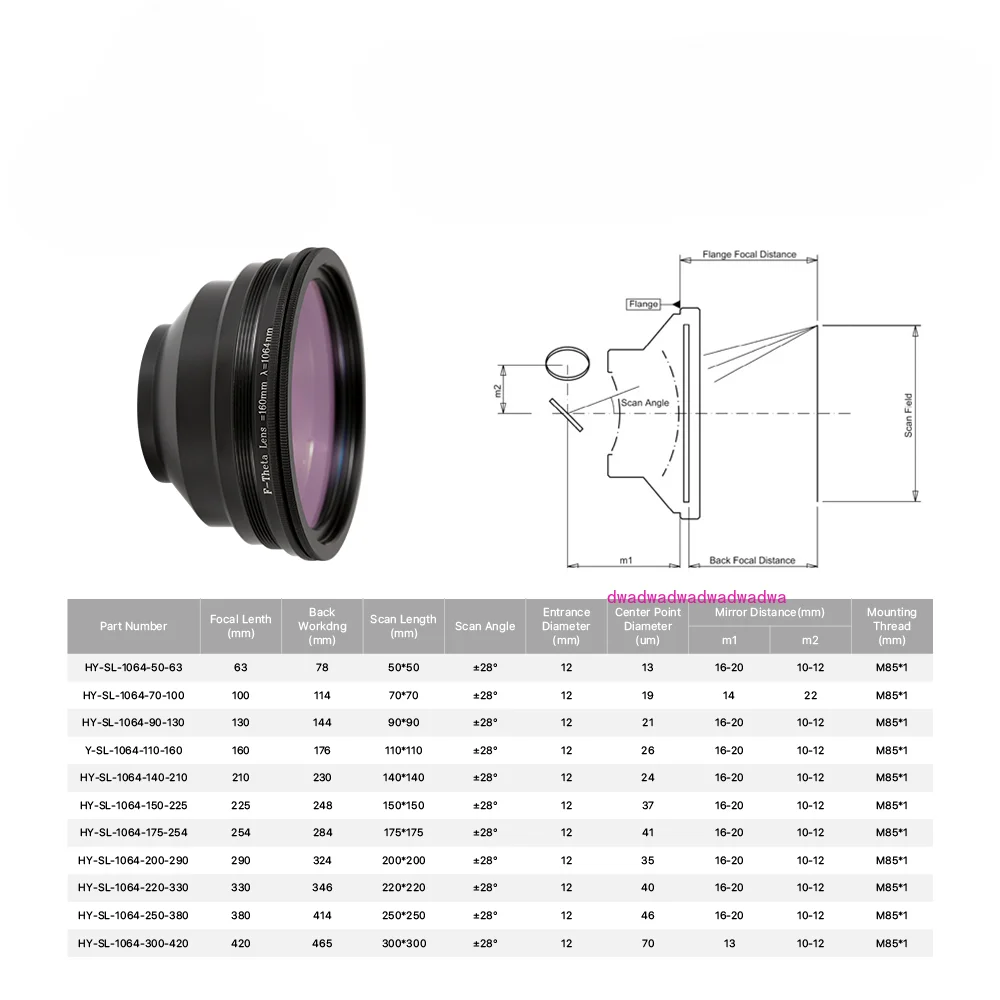 F-theta объектив для сканирования полевая линза 1064 нм 50x50 - 300x300 Φ YAG части лазерной