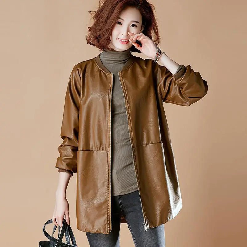 2022 Spring and Autumn Women's Mid Length Leather Jacket PU Baseball Uniform Commute Style Loose and Slimming Faux Leather Coat
