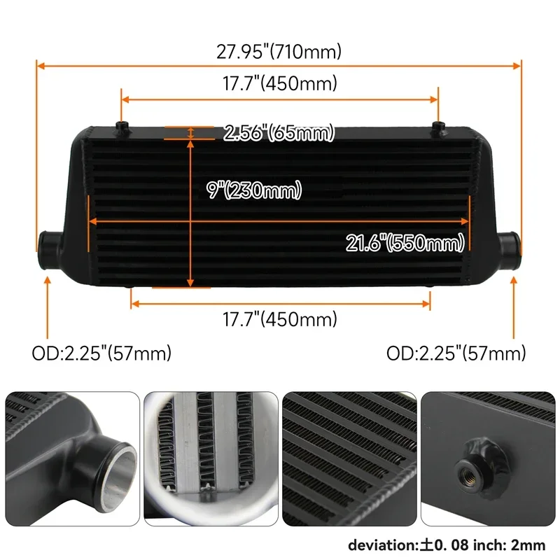 Универсальный интеркулер 550x230x65 мм + комплект алюминиевых труб 57 BOV 10PSI черный