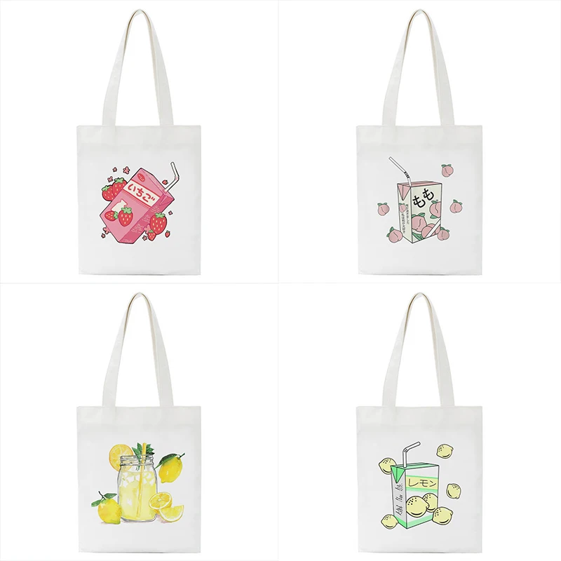

Women Canvas Bag Strawberry Milk Print Shopping Bag Cotton Cloth Shoulder Bag Eco Handbag Tote Bag Reusable Grocery Shopper Bags