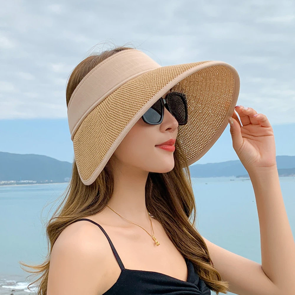 New Empty Top 14CM Foldable Portable Big Brim Sun Hat Roll-up Beach Hat Summer Casual Straw Cap Visors Cap Women Fisherman's Hat