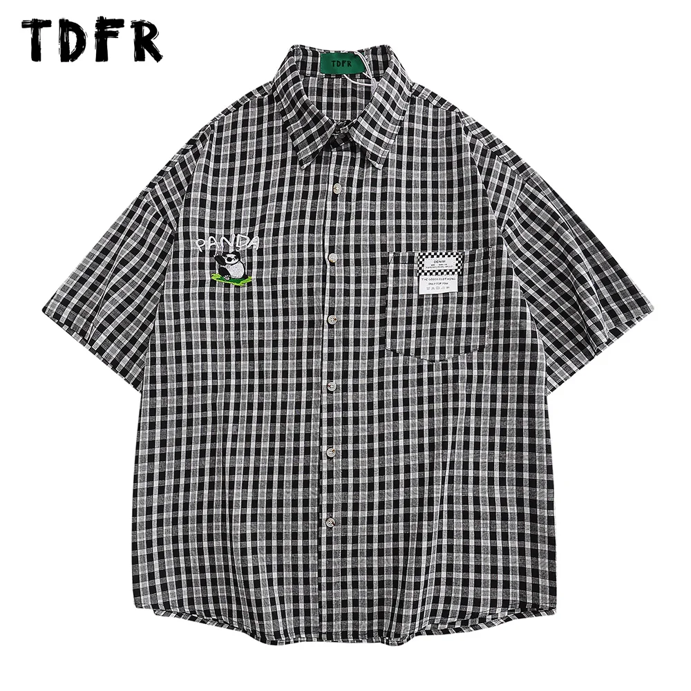 

Panda Embroidery Plaid Shirt Short Sleeve Mens Summer Retro Casual Loose Lapel Half-Sleeve Shirts Men Top