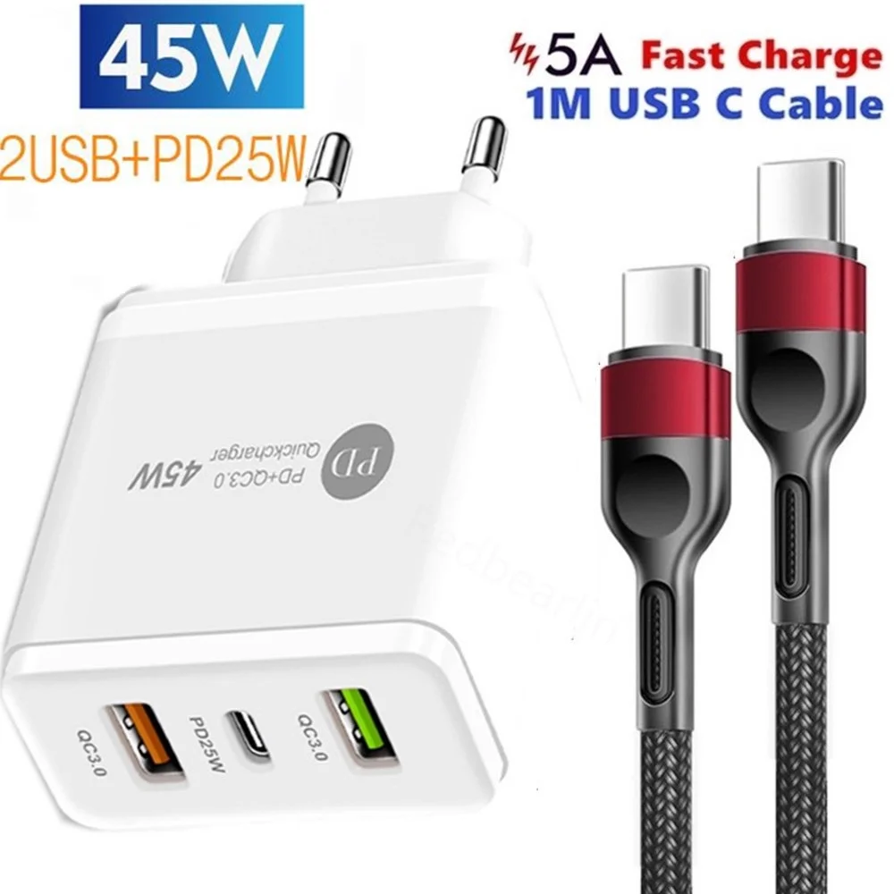 

Сетевой адаптер PD 45 Вт для быстрой зарядки iPhone 14, iPad, кабель Type-C, 3 порта USB, быстрое зарядное устройство для Huawei P40, Xiaomi, Samsung S21, S22