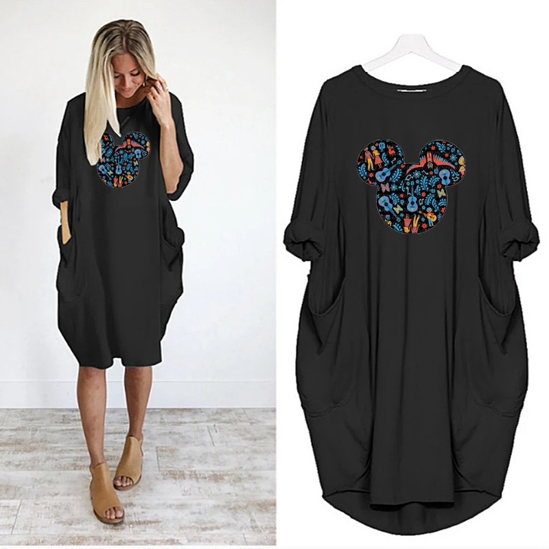

Special Disney Dresses for Women Cartoon Kawaii Minnie Mouse Casual Simple Loose Dress Long Sleeve Pocket Vestido Autumn Vintage