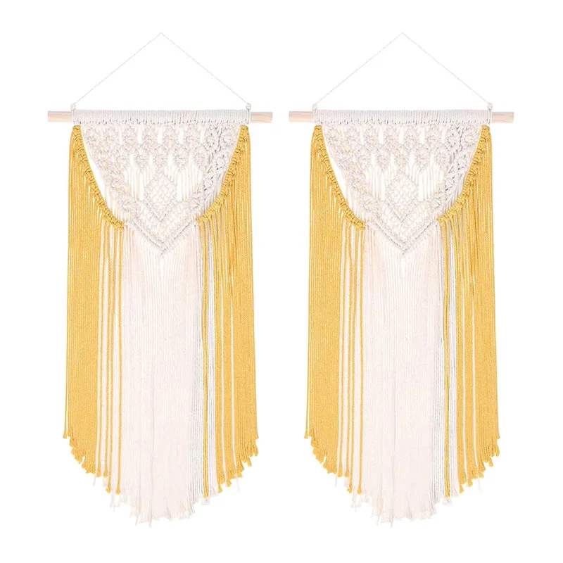 

2Pcs Wall Hanging Macrame Tapestry Woven Cotton Rope Decor Bohemian Style with Tassels Art Home Decoration,Yellow,33Inch