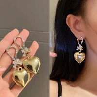 2022 new fashion smooth metal face gold big heart pendant earrings rhinestone bow stud earrings trendy womens jewelry