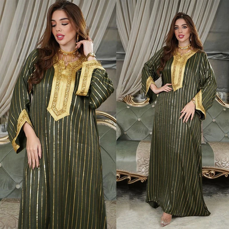 Women Embroidered Moroccan Caftan Evening Dresses Diamonds Bronzing Dubai 2022 Arabic Long Jalabiya Muslim Islamic Turkish Abaya