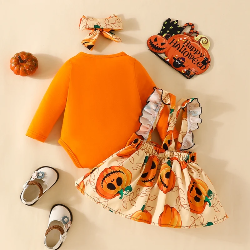 

0-18 Months Baby Girls Halloween Outfits Cute Pumpkin Printed 3Pcs Long Sleeve Romper Tops + Suspender Skirt + Headband Set