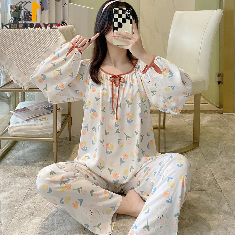 Women's Pajamas New 2023 Spring Autumn Long Sleeve Thin Sleepwear Homewear Women Sweet Floral Casual Nightwear Clothing Sets