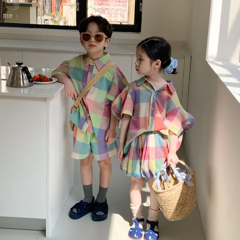 

Teenage Summer Siblings Colorful Plaid Clothes Sets Boys Short Sleeve Shirt +Shorts Girls Shirt and Pantskirt Kids Outfits 2-11Y