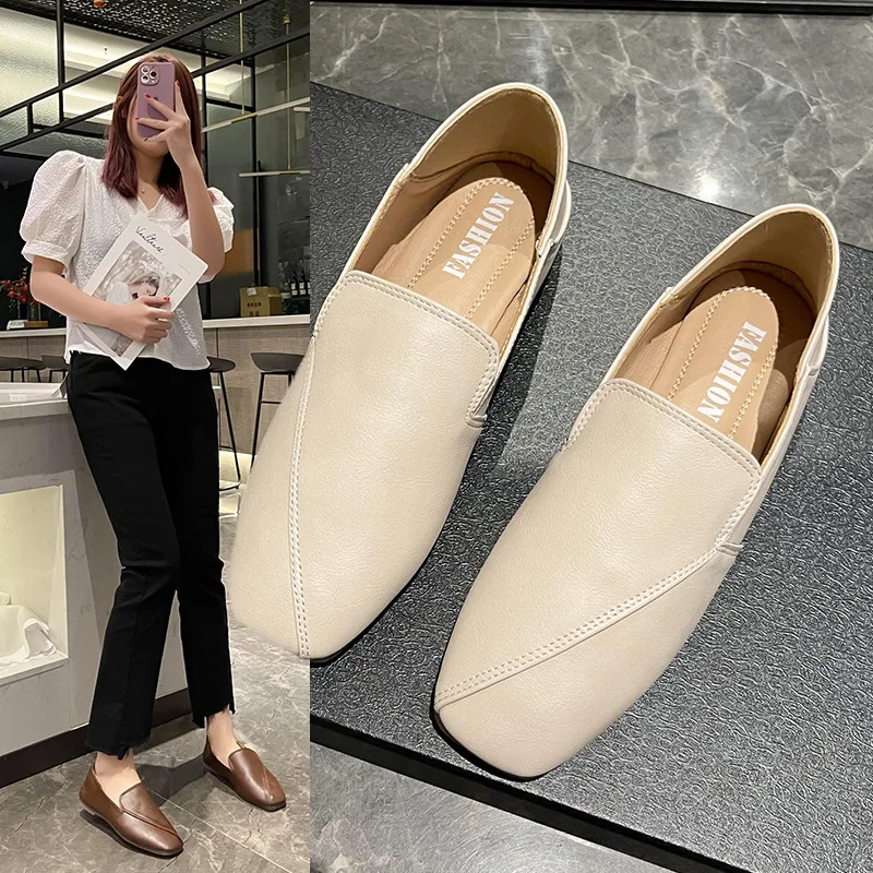 

Comemore Women's Spring Summer Flat Casual Shoes Without Heels 2022 New Soft Leather Shoes Square Toe Loafers Floors Moccasin