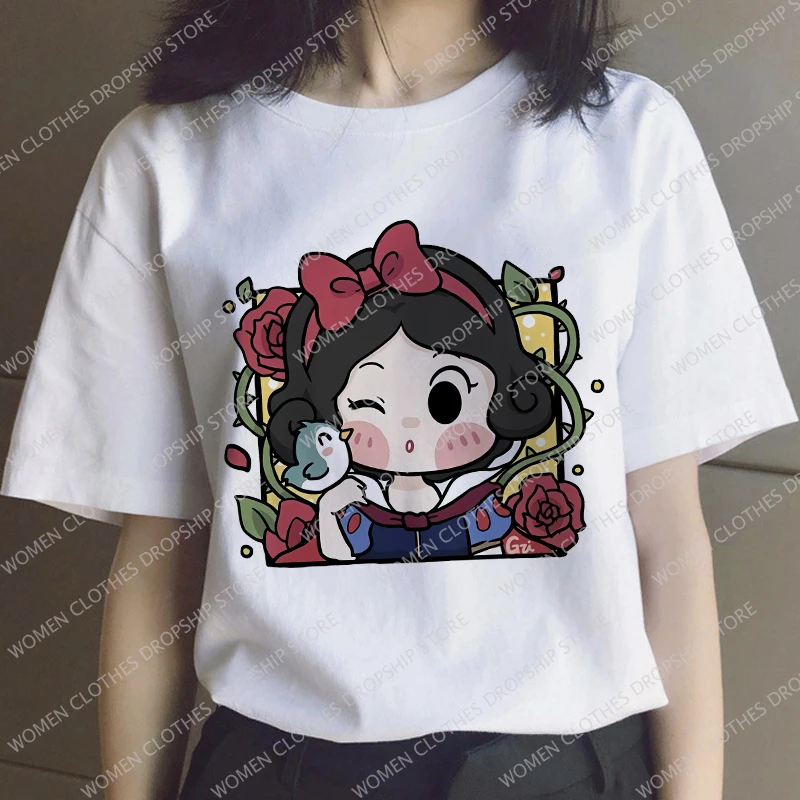 

New Disney Princess Women T-shirt Kawaii Snow White Elsa T Shirts Short Sleeve Cartoons Tops Vintage Harajuku Casual Clothes Tee