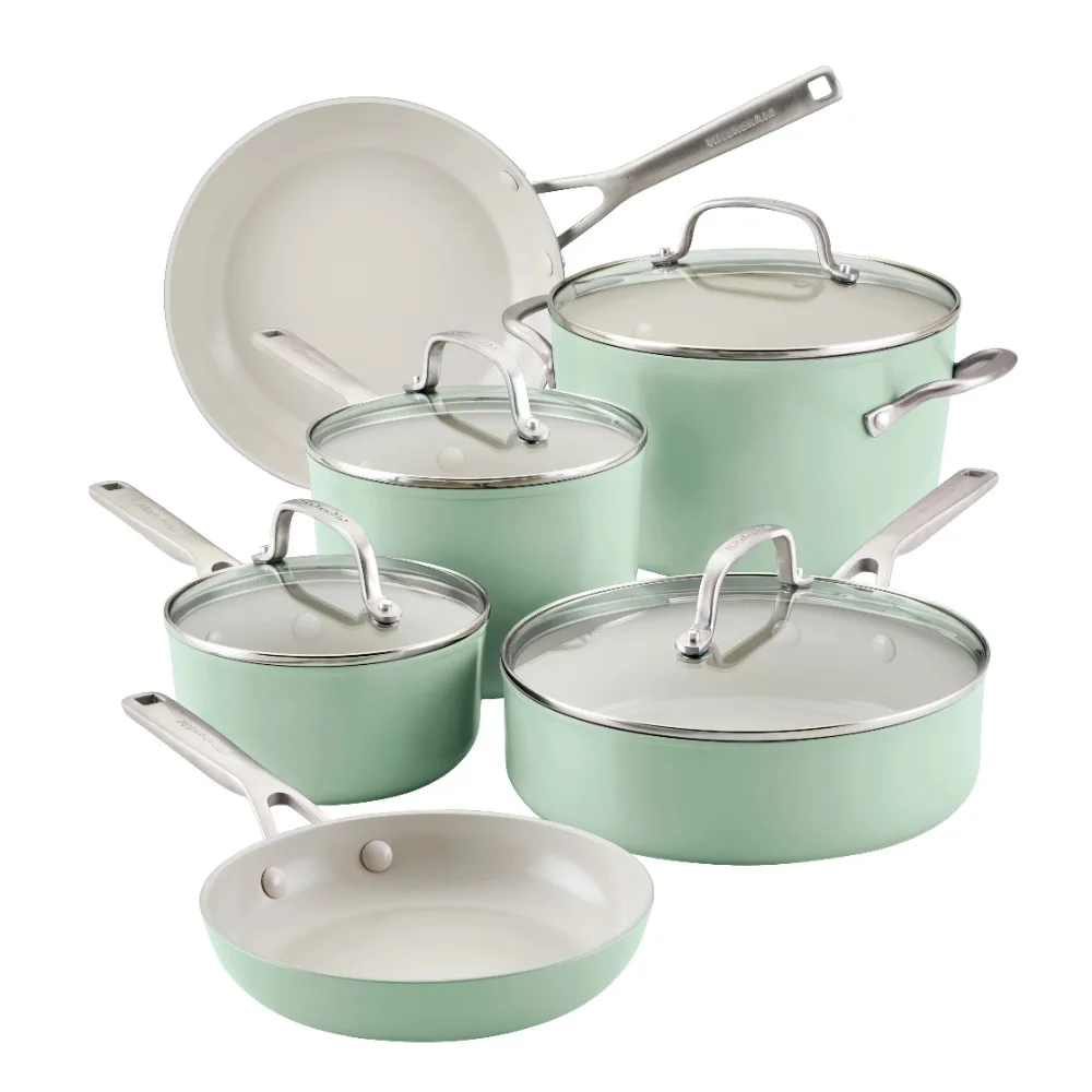 

Hard Anodized Ceramic Nonstick Cookware Pots and Pans Set, 10-Piece, Pistachio Set