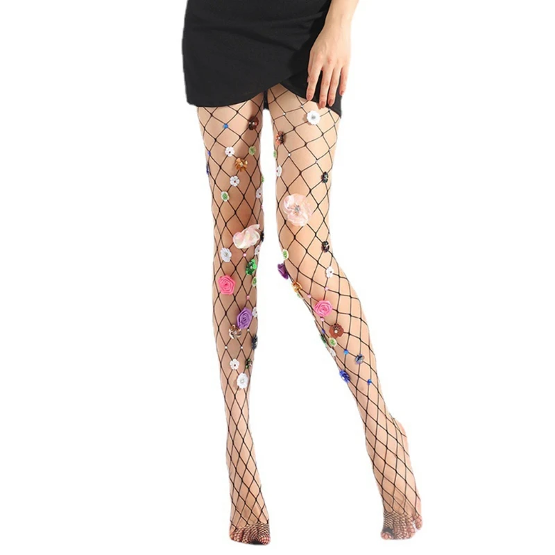 

Women Glitter Sequins Flower Mesh Tights Sexy Hollow Out Fishnet Pantyhose Multicolor Rhinestone Jewelry Nightclub Stockings