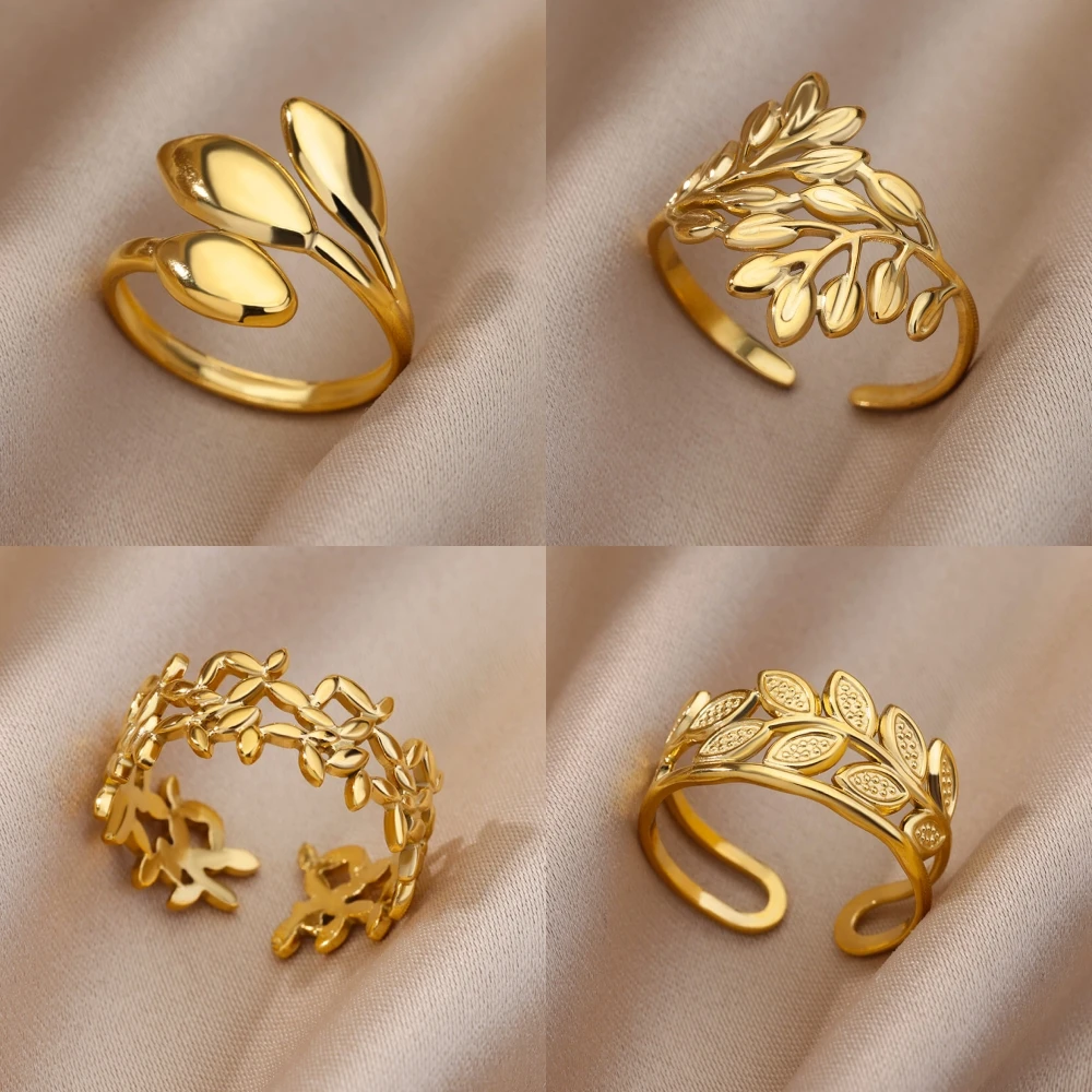 

Stainless Steel Rings for Women Vintage Fashion Gold Color Jewelry Ring Female Finger Decoration Plant Leaf Flower Ring Gift