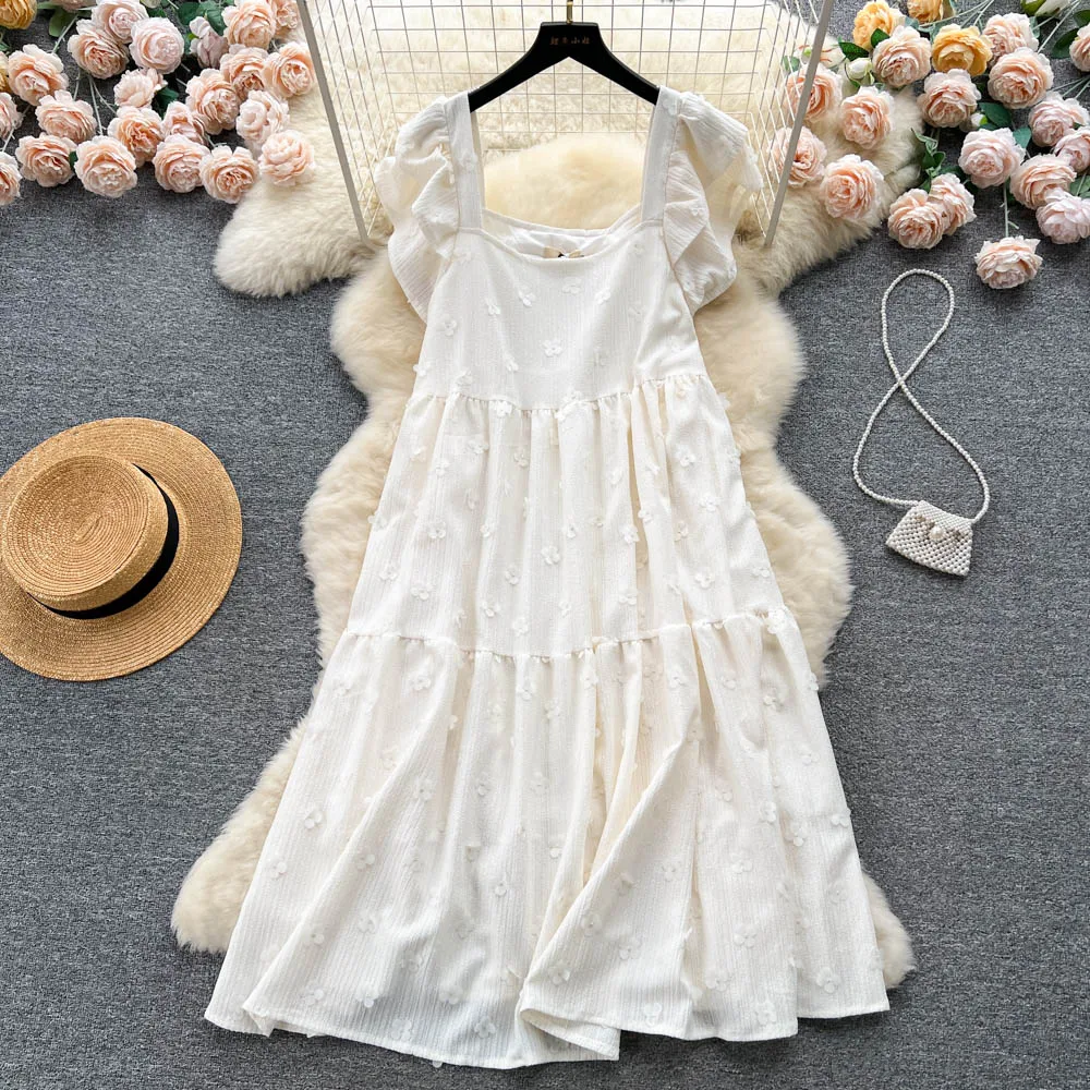 

Summer Seaside Vacation Style Flying Sleeve Dress Loose Square Neck High-end Princess Dress