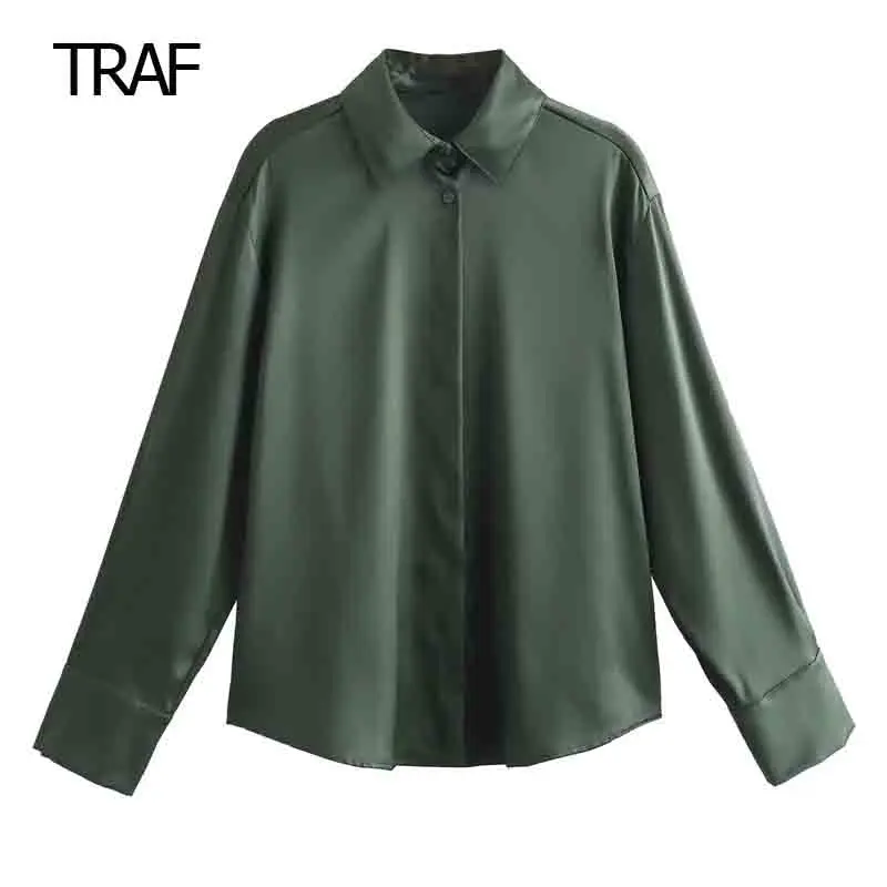 

TRAF Women's Shirt Autumn 2023 Green Satin Long Sleeves Collared Loose Elegant Female Blouse Fashion Korean Casual Ladies Shirt