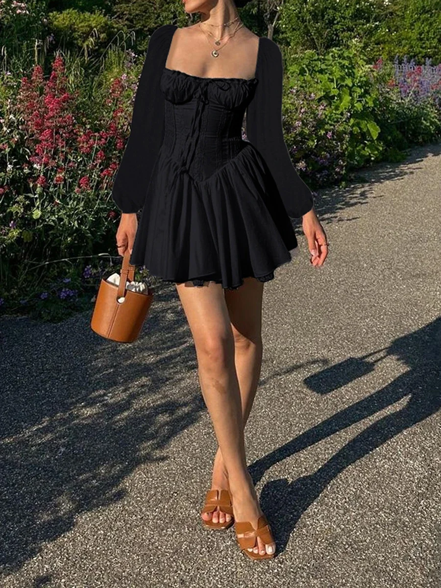 Летнее вечернее мини-платье женское корсетное платье с длинными рукавами