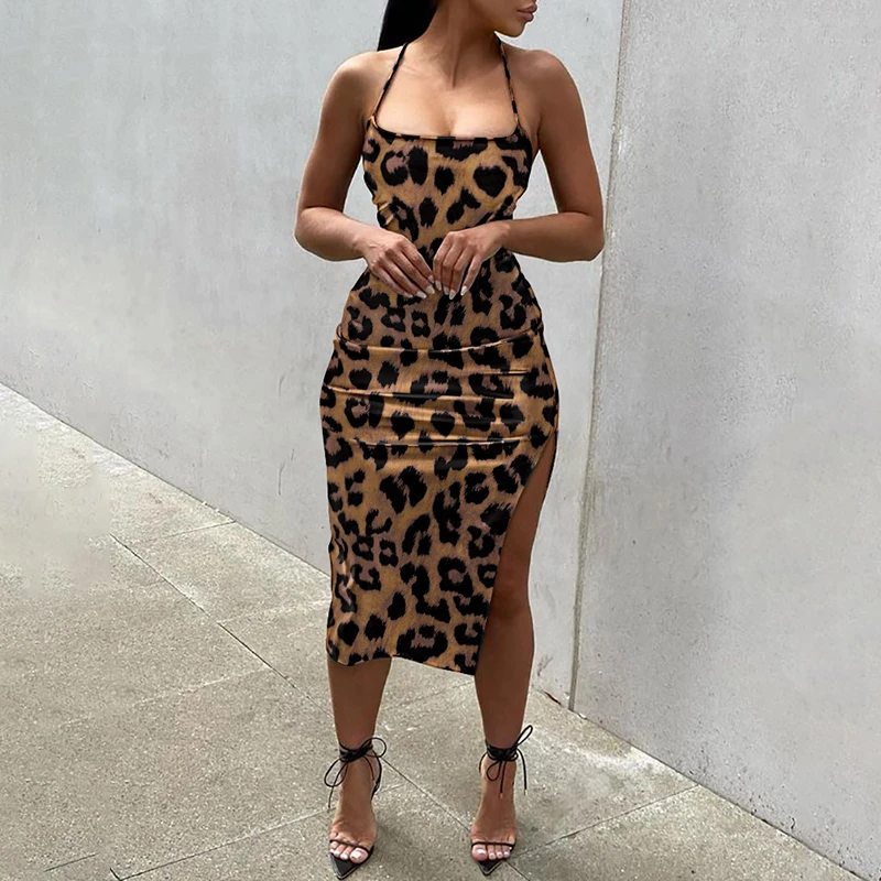 

Fashion Women Sexy Party Dress Summer Leopard Print Cisscross Backless High Slit Night Dress Female Sleeveless Corset Robes New