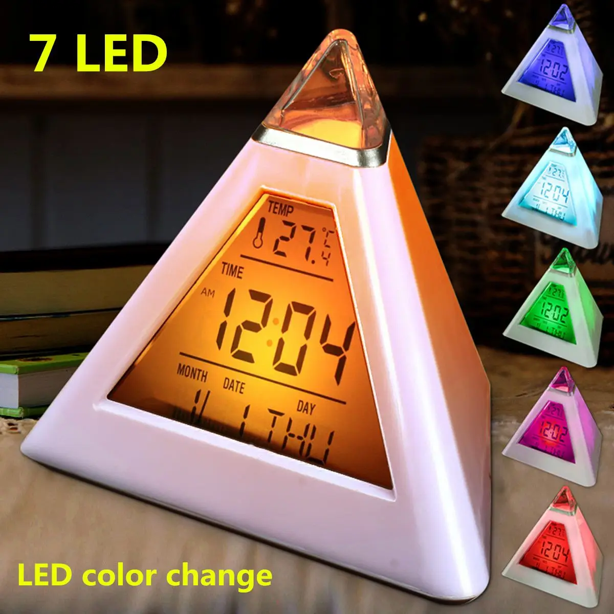 

7 Colors Colorful Pyramid LCD Alarm Clock Night Light Thermometer Digital Wall Clock Calendar Timer Digital Led Alarm Clocks